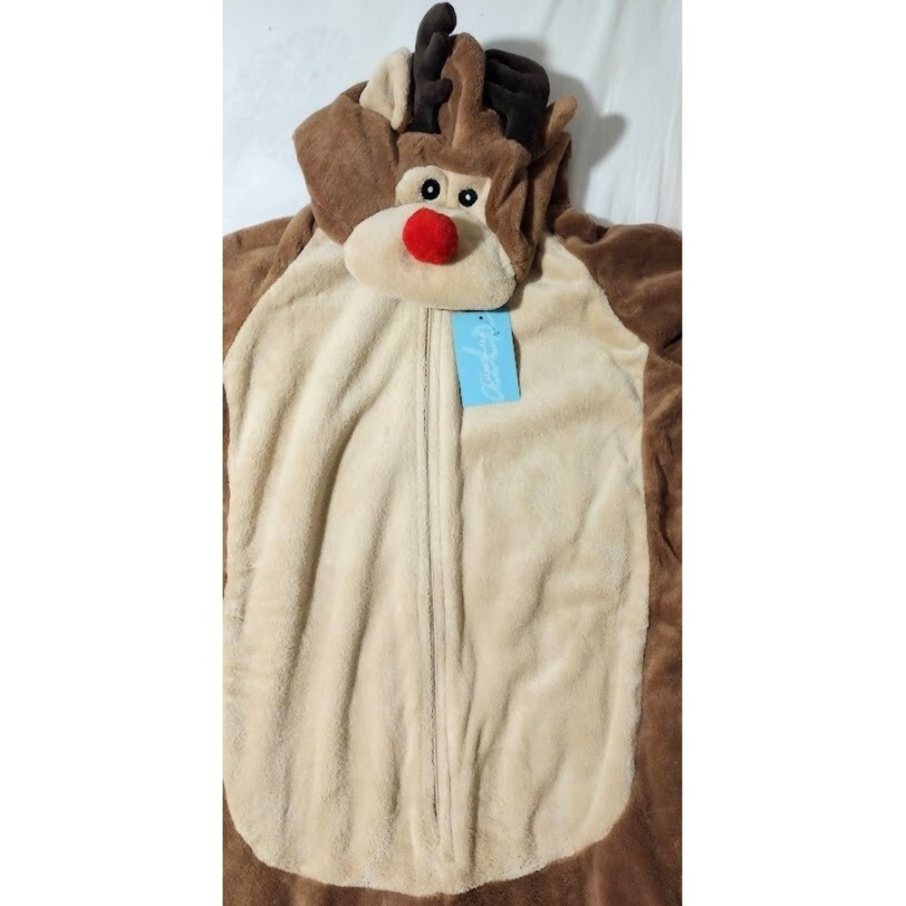 Alexander Del Rossa Reindeer Fleece One Piece‎ Pajamas Womens L Hooded Christmas